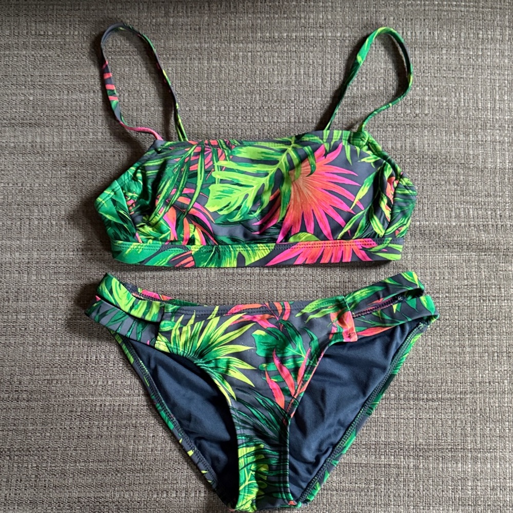 Hula Honey Tropical Leaf Bikini Set in Green and Pink